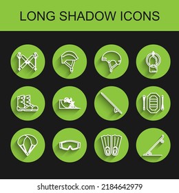 Set line Parachute, Ski goggles, and sticks, Rubber flippers for swimming, Skateboard, Bicycle on street ramp, Rafting boat and Surfboard icon. Vector