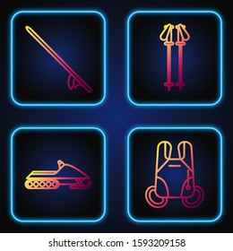 Set line Parachute, Snowmobile, Surfboard and Ski poles. Gradient color icons. Vector