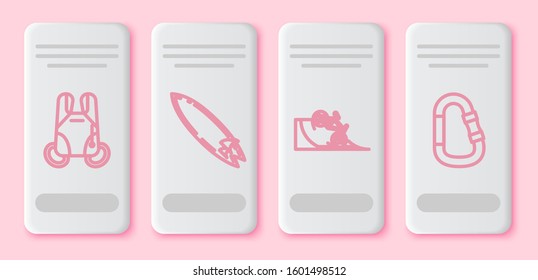Set line Parachute, Surfboard, Bicycle on street ramp and Carabiner. White rectangle button. Vector