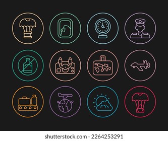 Fijar línea Paracaídas, drones UAV, reloj, casco de dirección de la aeronave, sin alcohol, paracaídas volador de caja, maleta e icono de la ventana del avión. Vector