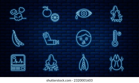 Set line Parasite mite, Medical digital thermometer, Reddish eye allergic conjunctivitis, Inhaler, Kidney beans, Dust, Runny nose and Orange fruit icon. Vector