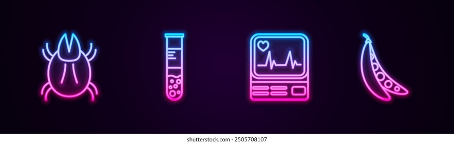 Set line Parasite mite, Test tube and flask, Monitor with cardiogram and Kidney beans. Glowing neon icon. Vector