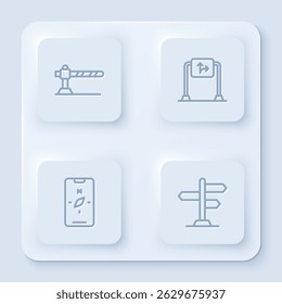 Set line Parking car barrier, Road traffic sign, Compass on mobile and . White square button. Vector