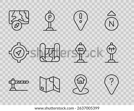 Set line Parking car barrier, Unknown route point, Location with exclamation mark, Folded map, City navigation, house and Fork the road icon. Vector