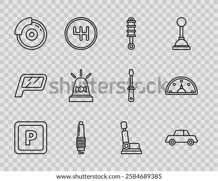 Set line Parking, Car, Shock absorber, spark plug, brake disk with caliper, Flasher siren, seat and Speedometer icon. Vector