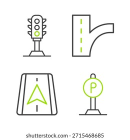 Estacionamiento de la línea, navegación del mapa de la ciudad, señal de tráfico de la carretera y el icono del semáforo. Vector