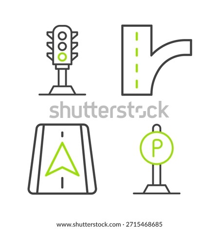 Set line Parking, City map navigation, Road traffic sign and Traffic light icon. Vector