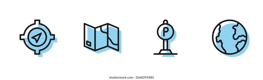 Establecer línea de estacionamiento, brújula, mapa plegado e icono de globo terráqueo. Vector