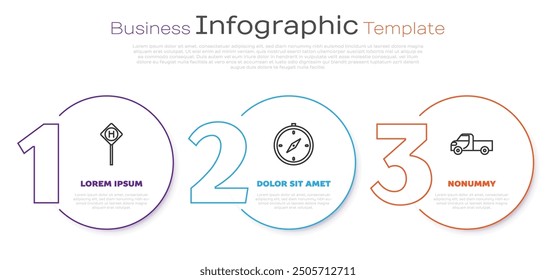 Set line Parking, Compass and Pickup truck. Business infographic template. Vector