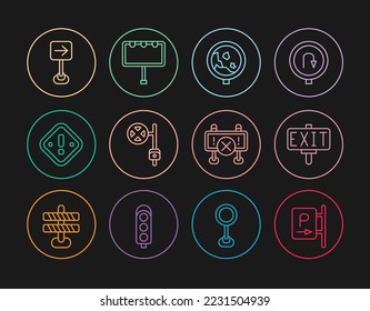 Set line Parking, Fire exit, Road warning rockfall, Stop sign with camera, Exclamation mark triangle, Traffic turn right, barrier and Billboard lights icon. Vector