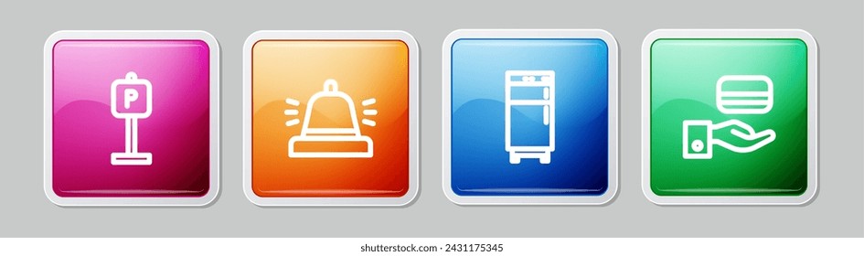 Set line Parking, Hotel service bell, Refrigerator and Digital door lock. Colorful square button. Vector