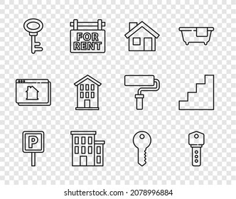 Set line Parking, House key,  and Staircase icon. Vector
