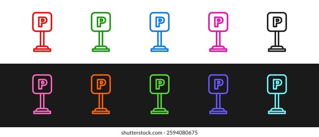 Set line Parking icon isolated on black and white background. Street road sign.  Vector
