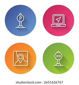 Set line Parking, Laptop with location marker, Folded map and Stop sign. Color circle button. Vector