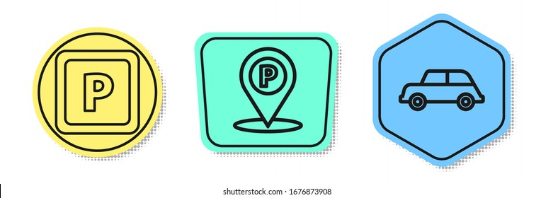 Set line Parking, Location with parking and Car. Colored shapes. Vector