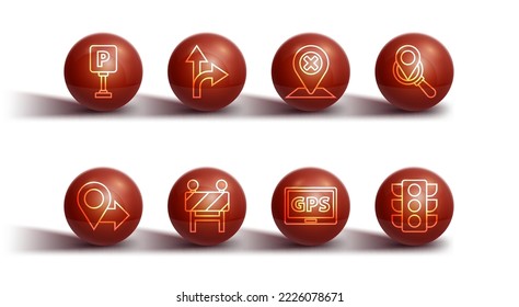 Set line Parking, Location, Search location, Gps device with map, Road barrier, traffic sign, Traffic light and  icon. Vector