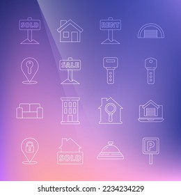 Set line Parking, Online real estate house, House key, Hanging sign with Rent, Sale, Location, text Sold and  icon. Vector