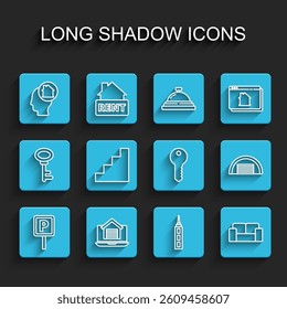 Set line Parking, Online real estate house, Man dreaming about buying, Skyscraper, Sofa, Staircase, Garage and House key icon. Vector