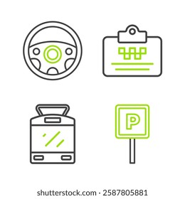 Set line Parking, Tram and railway, Taxi driver license and Steering wheel icon. Vector