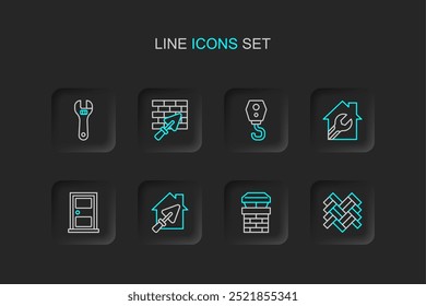 Set line Parquet, Chaminé, Casa com espátula, Porta fechada, chave chave chave, Gancho de grua, Parede de tijolo e ícone ajustável. Vetor