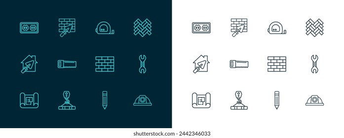 Set line Parquet, Crane hook, Bricks, Pencil with eraser, Hand saw, Roulette construction, Electrical outlet and wall trowel icon. Vector