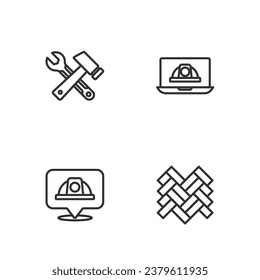 Set line Parquet, Worker safety helmet, Hammer and wrench spanner and  icon. Vector