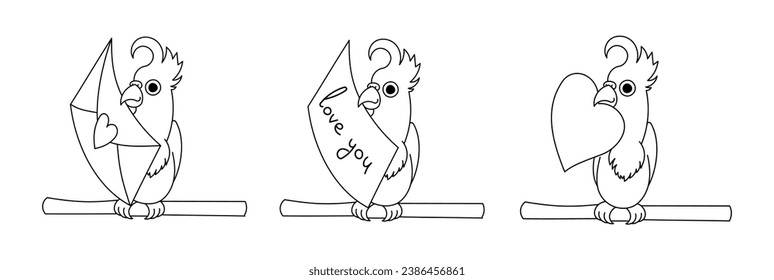 Set of line parrots with a valentine letter in their beak. Love concept or design for Valentine's Day.