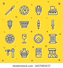 Set Linie Parthenon, Dekret, Pergament, Schriftrolle, mittelalterliches Schwert, Antike Amphoren, griechische alte Schüssel, Neptun Trident, Speer und Fackel Flamme Symbol. Vektorgrafik