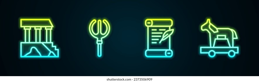 Fijar línea Partenón, Tridente Neptuno, Decreto, pergamino, pergamino y caballo de Troya. Icono de neón brillante. Vector