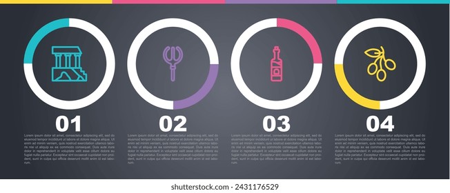 Set line Partenón, Tridente Neptuno, Botella de vino y Rama de aceitunas. Plantilla de infografía de negocios. Vector