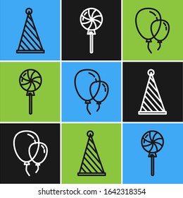 Set line Party hat, Balloons with ribbon and Lollipop icon. Vector
