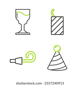Set line Party hat, Birthday party horn, Firework rocket and Wine glass icon. Vector