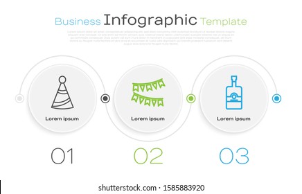 Set line Party hat , Carnival garland with flags  and Whiskey bottle . Business infographic template. Vector