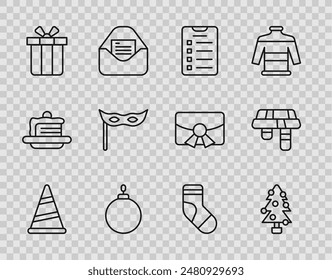 Set line Party hat, Christmas tree, New year goals list, ball, Gift box, Festive mask, stocking and Winter scarf icon. Vector