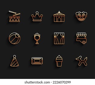 Set line Party hat, Circus ticket, Drum with drum sticks, Ice cream, Balloon dog, fire hoop, Fast street food cart and curtain raises icon. Vector