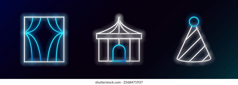 Set line Party hat, Circus curtain raises and tent icon. Glowing neon. Vector