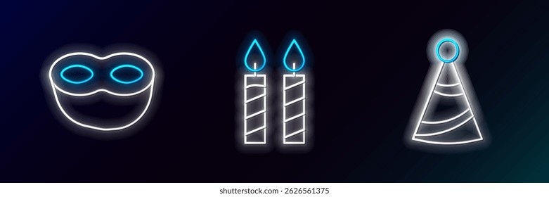 Set line Party hat, Festive mask and Birthday cake candles icon. Glowing neon. Vector