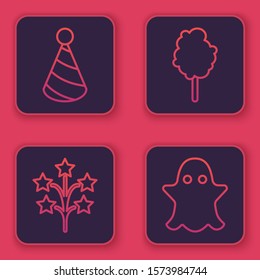Set line Party hat, Fireworks, Cotton candy and Ghost. Blue square button. Vector