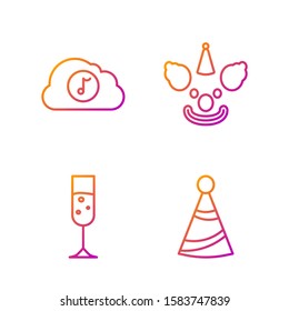 Set line Party hat , Glass of champagne , Music streaming service  and Clown head . Gradient color icons. Vector