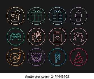 Set line Party hat, Glass of champagne, Gift box, Homemade pie, Gamepad, Cocktail, Shopping bag with heart and  icon. Vector