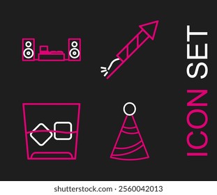 Set line Party hat, Glass of whiskey and ice cubes, Firework rocket and Home stereo with two speakers icon. Vector