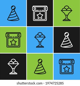 Set line Party hat, Ice cream in bowl and Calendar party icon. Vector