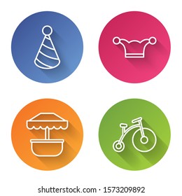 Set line Party hat, Jester hat with bells, Attraction carousel and Vintage bicycle with one big wheel and one small. Color circle button. Vector