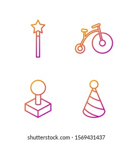 Set line Party hat, Joystick for arcade machine, Magic wand and Vintage bicycle with one big wheel and one small. Gradient color icons. Vector