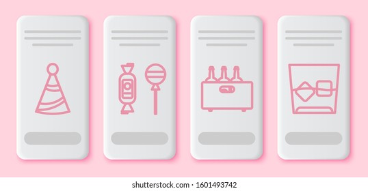 Set line Party hat , Lollipop , Bottles of wine in a wooden box  and Glass of whiskey and ice cubes . White rectangle button. Vector