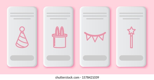 Set line Party hat, Magician hat and rabbit ears, Carnival garland with flags and Magic wand. White rectangle button. Vector