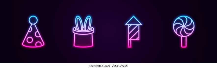 Fila de sombrero de fiesta, orejas de mago y conejo, cohete de fuegos artificiales y piruleta. Icono de neón brillante. Vector