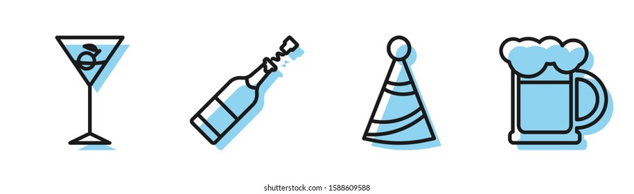 Set line Party hat , Martini glass , Champagne bottle  and Wooden beer mug  icon. Vector