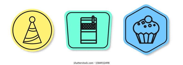 Set line Party hat , Open cigarettes pack box  and Muffin . Colored shapes. Vector