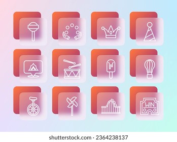 Set line Party hat, Pinwheel toy, Ice cream, Roller coaster, Drum with drum sticks, Jester bells, Lollipop and Juggling ball icon. Vector